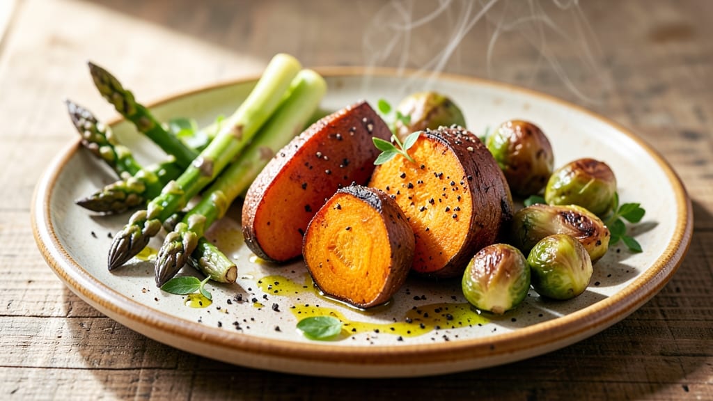 Sweet Potato Asparagus and Brussel Sprouts Recipe: Roasted Spice Trio With Caramelized Edges
