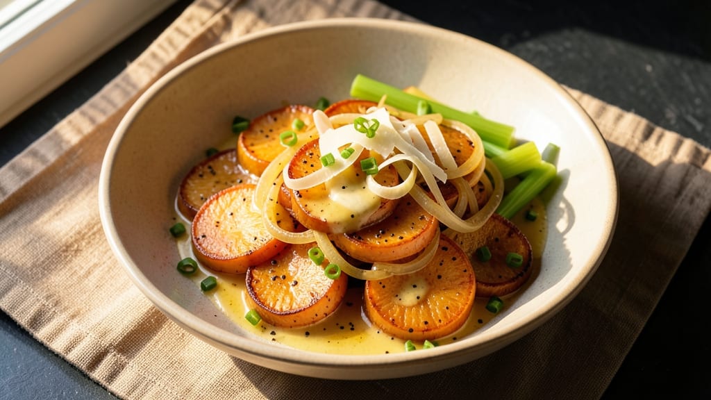 Sweet Potato Lyonnaise Recipe: Crispy Celery Mustard Crunch Over Creamy Spiced Potatoes