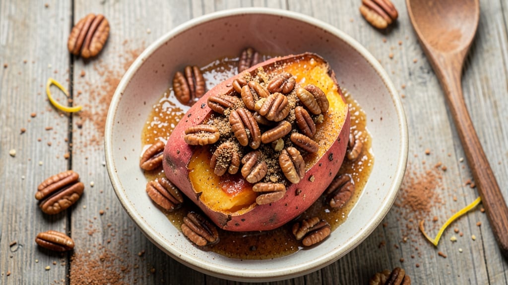 Baked Sweet Potato With Pecan Topping Recipe: Buttery Pecan Crunch Over Silky Spiced Potato