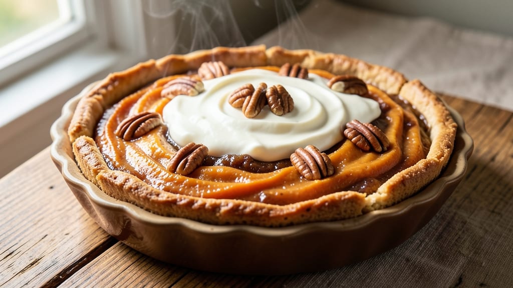 Turtle Sweet Potato Pie Recipe: Rich Chocolate-Ganache Swirls Over Spiced Filling